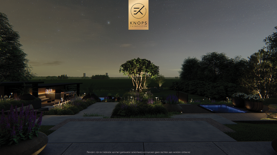 Unieke architectuur met hoogtes, tuin met hoogtes, tuin met zwembad, zitkuil met vuur, poolhouse met buitenkeuken, groene tuin, verlichting, jacuzzi