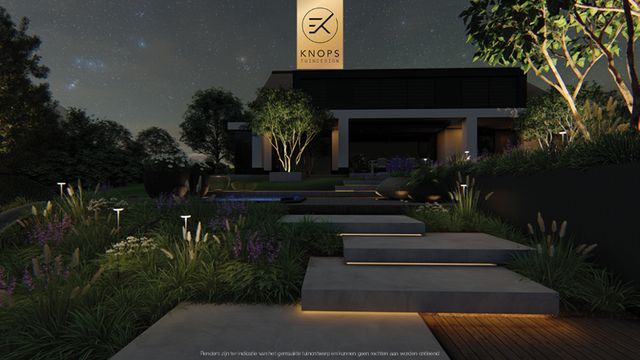 Unieke architectuur met hoogtes, tuin met hoogtes, tuin met zwembad, zitkuil met vuur, poolhouse met buitenkeuken, groene tuin, verlichting, jacuzzi