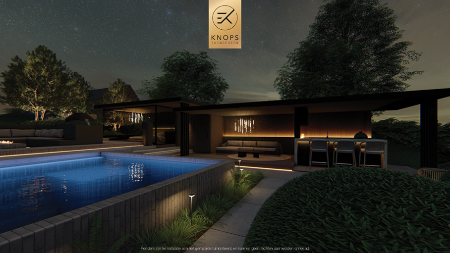 Unieke architectuur met hoogtes, tuin met hoogtes, tuin met zwembad, zitkuil met vuur, poolhouse met buitenkeuken, groene tuin, verlichting, jacuzzi