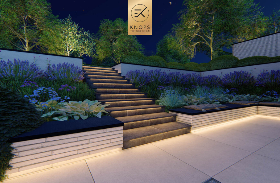 sfeertuinen zwembad meerstammige bomen tuin verlichting avond witte polyester bakken knops tuindesign tuinarchitect overkapping wellness luxe buitenhaard vlonder