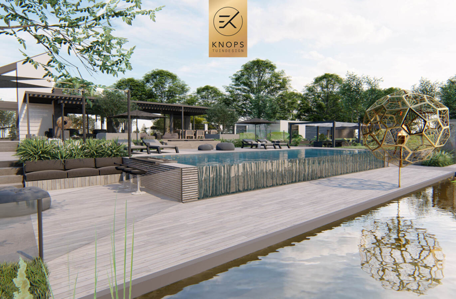 sfeertuinen zwembad meerstammige bomen tuin verlichting avond witte polyester bakken knops tuindesign tuinarchitect overkapping wellness luxe buitenhaard vlonder