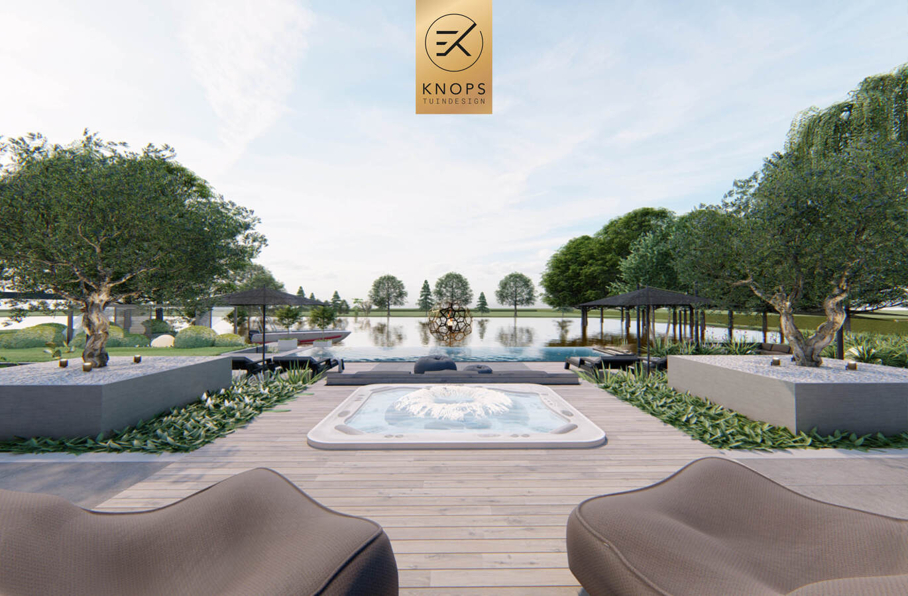 villatuin ontworpen door tuinarchitect erik knops tuindesign compleet met zwembad douche zitkuil rieten kap steeneiken exclusieve verlichting buitenhaard wellnesstuin 