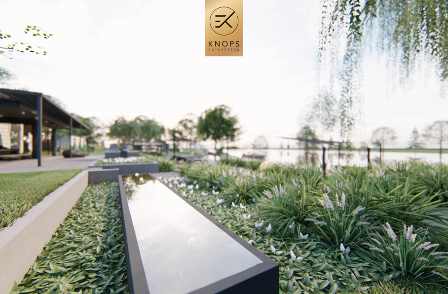 sfeertuinen zwembad meerstammige bomen tuin verlichting avond witte polyester bakken knops tuindesign tuinarchitect overkapping wellness luxe buitenhaard vlonder
