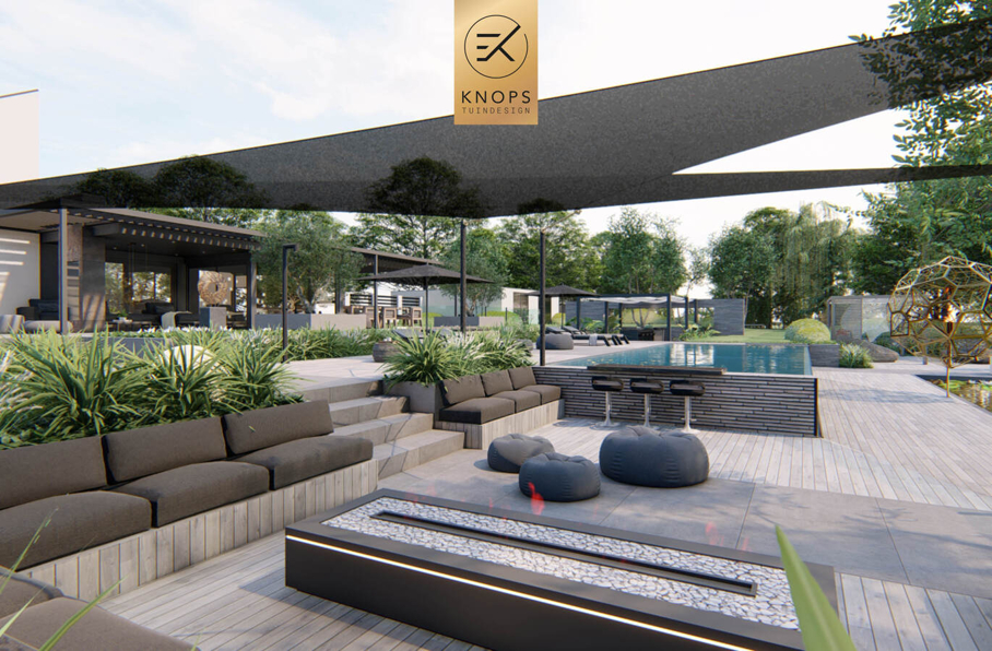 villatuin ontworpen door tuinarchitect erik knops tuindesign compleet met zwembad douche zitkuil rieten kap steeneiken exclusieve verlichting buitenhaard wellnesstuin 