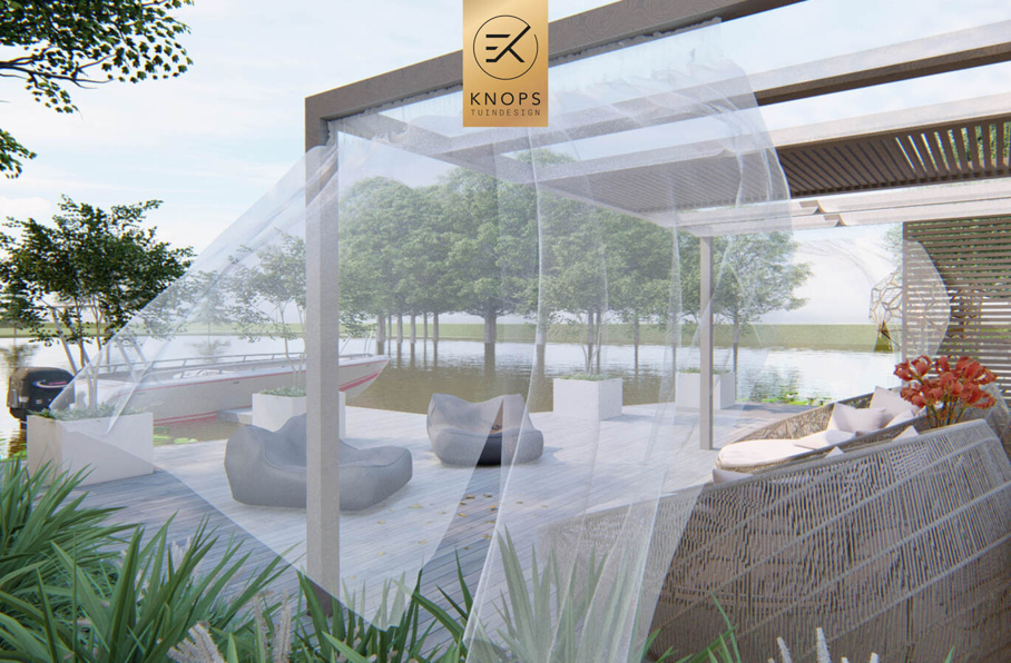sfeertuinen zwembad meerstammige bomen tuin verlichting avond witte polyester bakken knops tuindesign tuinarchitect overkapping wellness luxe buitenhaard vlonder