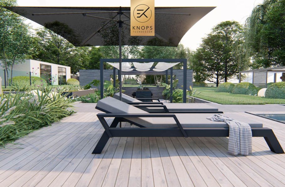 villatuin ontworpen door tuinarchitect erik knops tuindesign compleet met zwembad douche zitkuil rieten kap steeneiken exclusieve verlichting buitenhaard wellnesstuin 