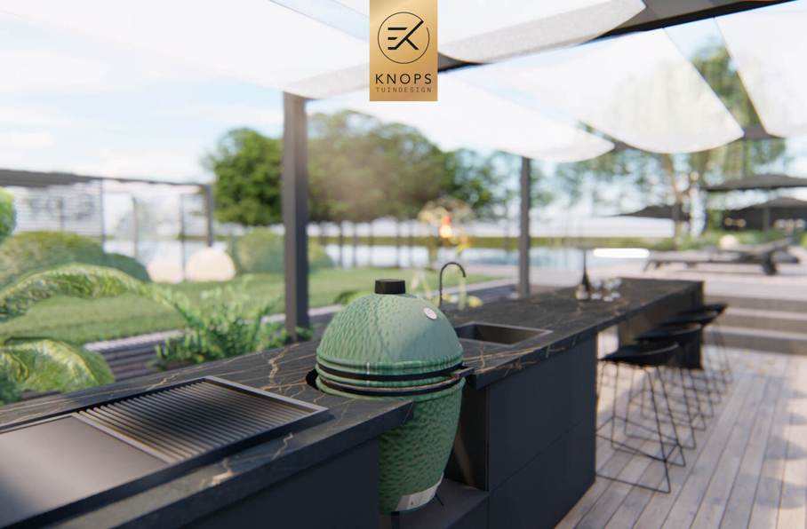 sfeertuinen zwembad meerstammige bomen tuin verlichting avond witte polyester bakken knops tuindesign tuinarchitect overkapping wellness luxe buitenhaard vlonder
