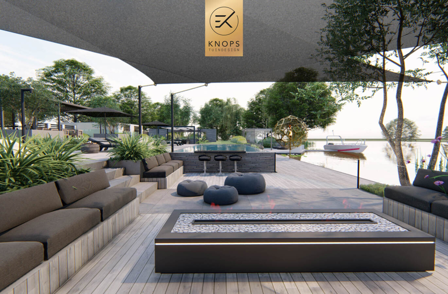 villatuin ontworpen door tuinarchitect erik knops tuindesign compleet met zwembad douche zitkuil rieten kap steeneiken exclusieve verlichting buitenhaard wellnesstuin 