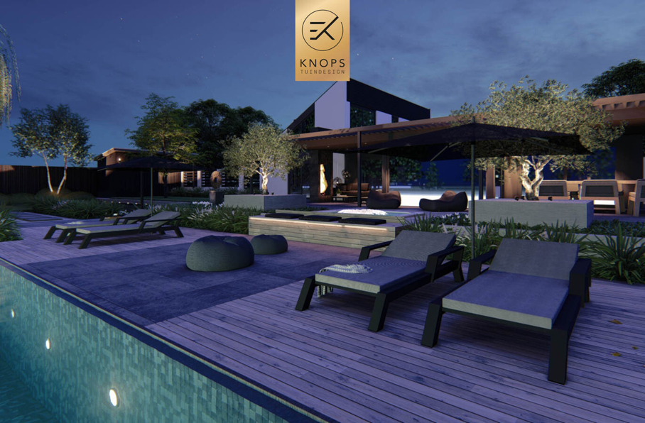 sfeertuinen zwembad meerstammige bomen tuin verlichting avond witte polyester bakken knops tuindesign tuinarchitect overkapping wellness luxe buitenhaard vlonder
