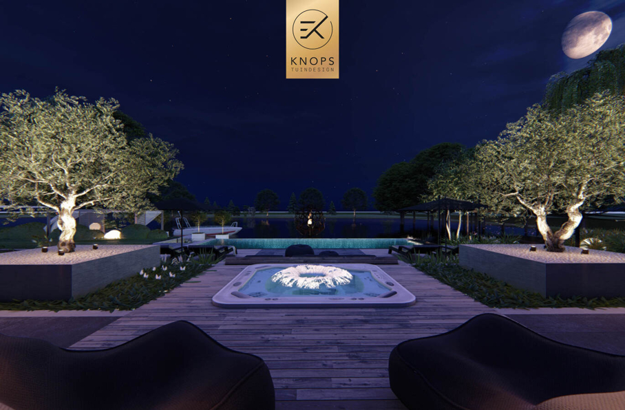 sfeertuinen zwembad meerstammige bomen tuin verlichting avond witte polyester bakken knops tuindesign tuinarchitect overkapping wellness luxe buitenhaard vlonder