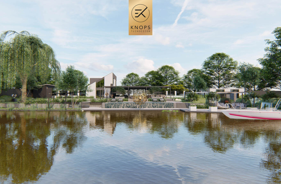 villatuin ontworpen door tuinarchitect erik knops tuindesign compleet met zwembad douche zitkuil rieten kap steeneiken exclusieve verlichting buitenhaard wellnesstuin 