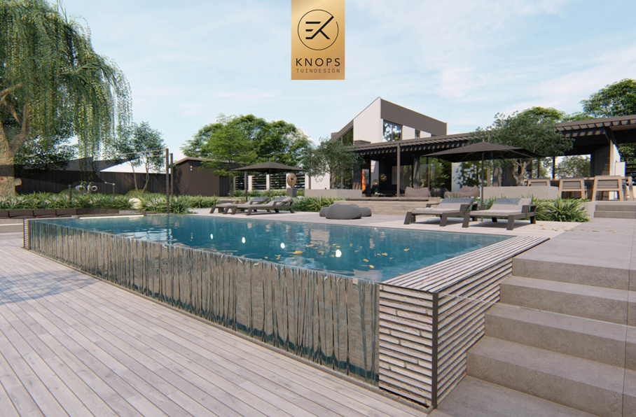villatuin ontworpen door tuinarchitect erik knops tuindesign compleet met zwembad douche zitkuil rieten kap steeneiken exclusieve verlichting buitenhaard wellnesstuin 