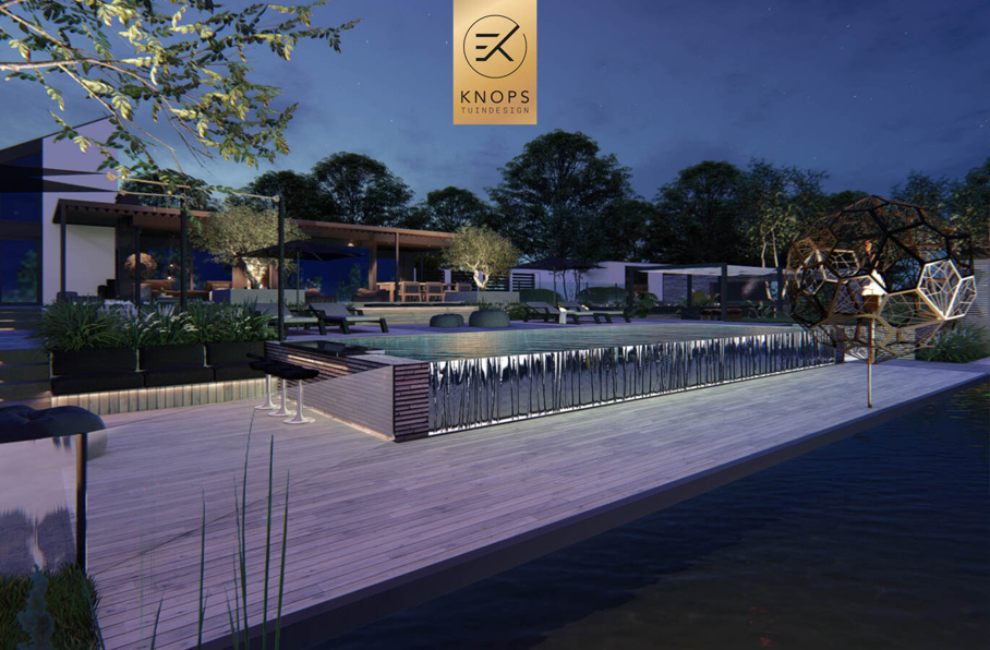 villatuin ontworpen door tuinarchitect erik knops tuindesign compleet met zwembad douche zitkuil rieten kap steeneiken exclusieve verlichting buitenhaard wellnesstuin 