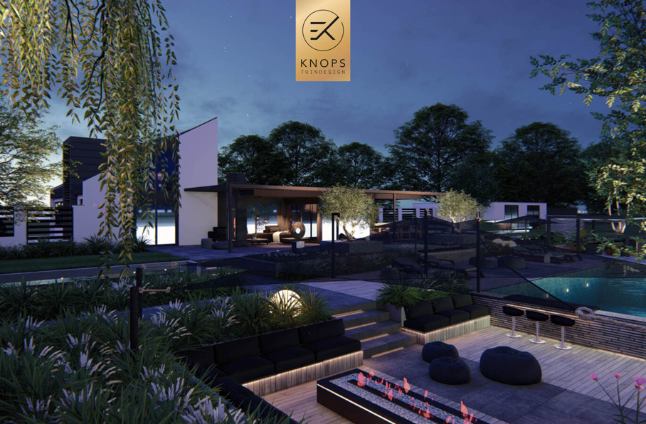 sfeertuinen zwembad meerstammige bomen tuin verlichting avond witte polyester bakken knops tuindesign tuinarchitect overkapping wellness luxe buitenhaard vlonder