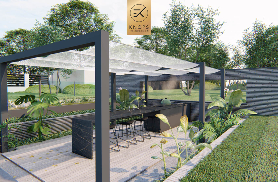 sfeertuinen zwembad meerstammige bomen tuin verlichting avond witte polyester bakken knops tuindesign tuinarchitect overkapping wellness luxe buitenhaard vlonder