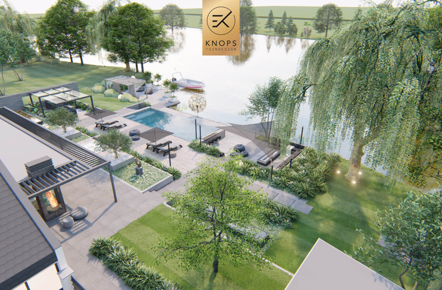 villatuin ontworpen door tuinarchitect erik knops tuindesign compleet met zwembad douche zitkuil rieten kap steeneiken exclusieve verlichting buitenhaard wellnesstuin 