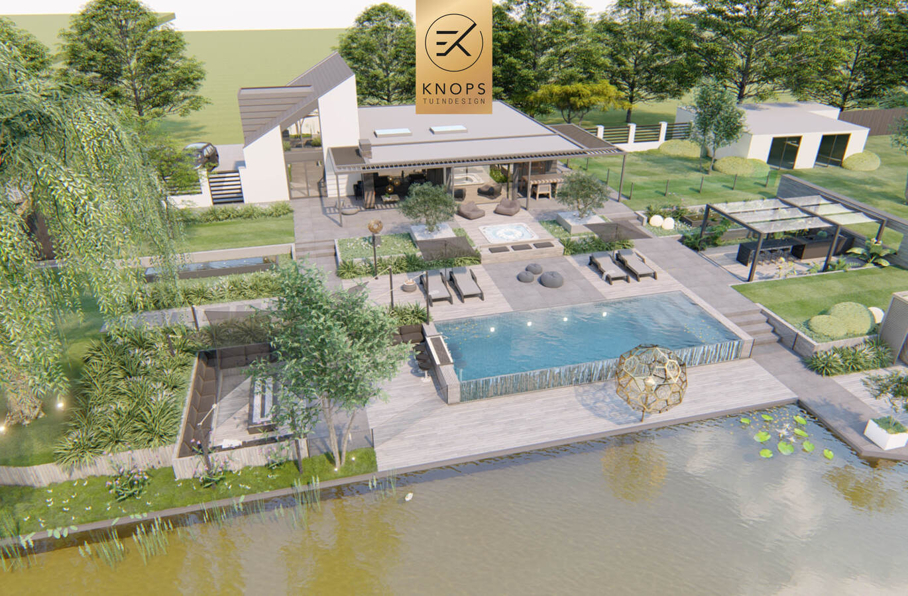 sfeertuinen zwembad meerstammige bomen tuin verlichting avond witte polyester bakken knops tuindesign tuinarchitect overkapping wellness luxe buitenhaard vlonder