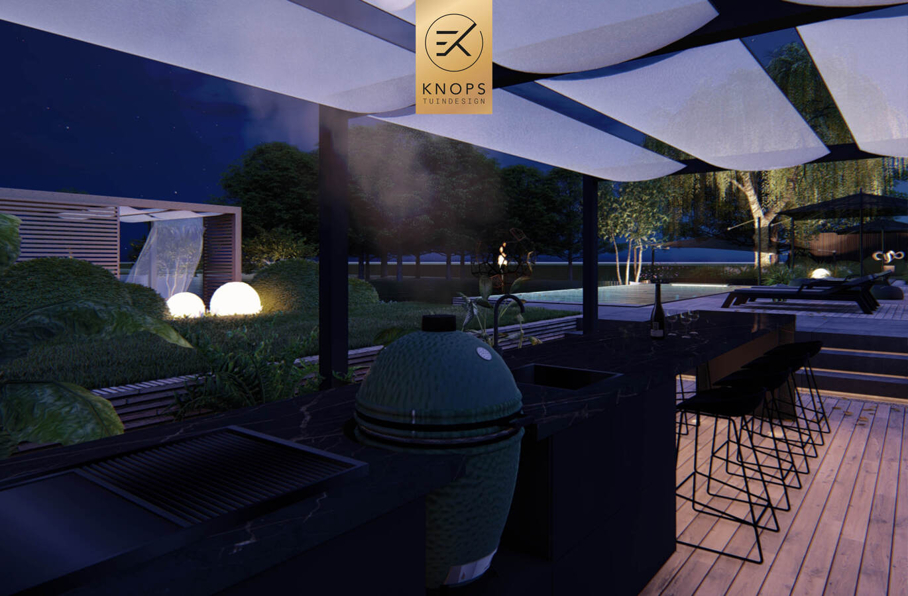 villatuin ontworpen door tuinarchitect erik knops tuindesign compleet met zwembad douche zitkuil rieten kap steeneiken exclusieve verlichting buitenhaard wellnesstuin 