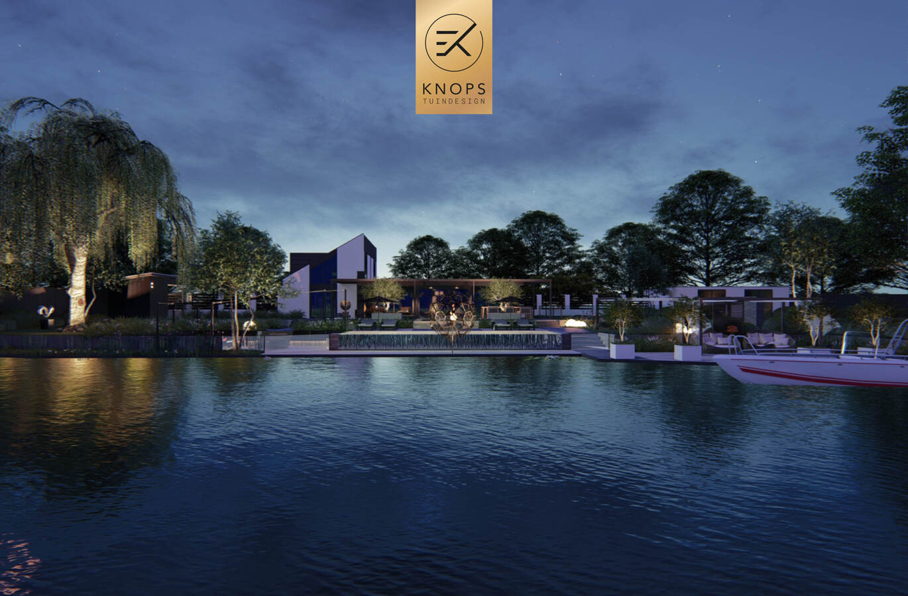 sfeertuinen zwembad meerstammige bomen tuin verlichting avond witte polyester bakken knops tuindesign tuinarchitect overkapping wellness luxe buitenhaard vlonder