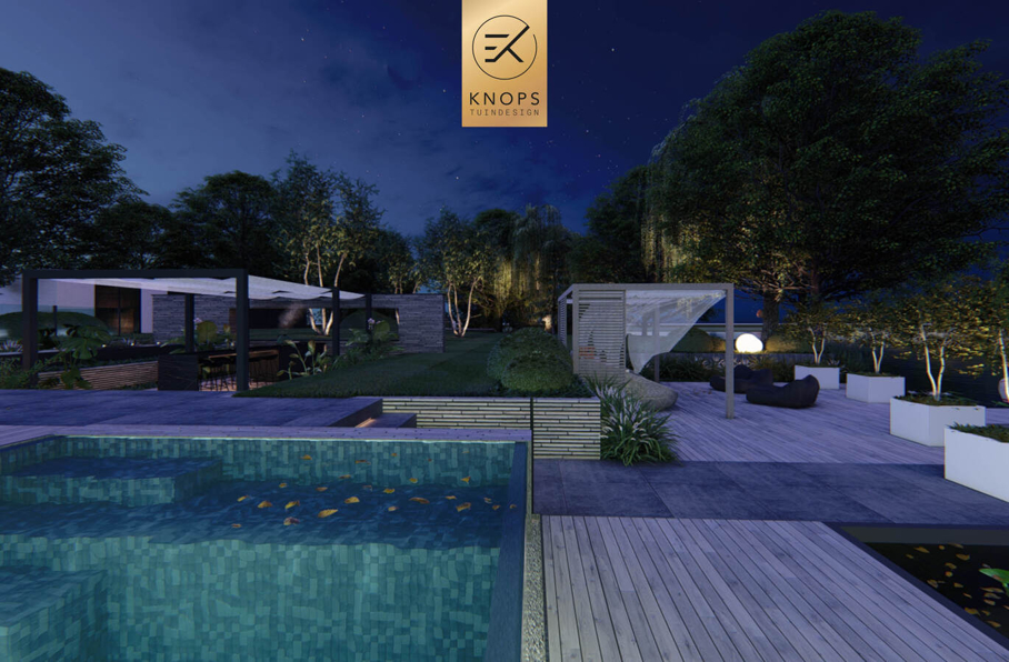 sfeertuinen zwembad meerstammige bomen tuin verlichting avond witte polyester bakken knops tuindesign tuinarchitect overkapping wellness luxe buitenhaard vlonder