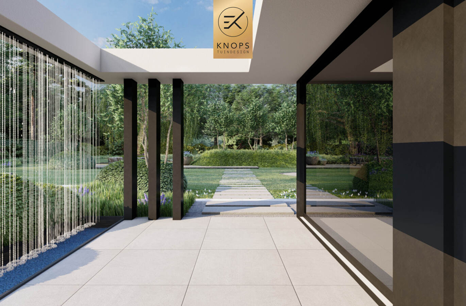 villatuin ontworpen door tuinarchitect erik knops tuindesign compleet met zwembad douche zitkuil rieten kap steeneiken exclusieve verlichting buitenhaard wellnesstuin 