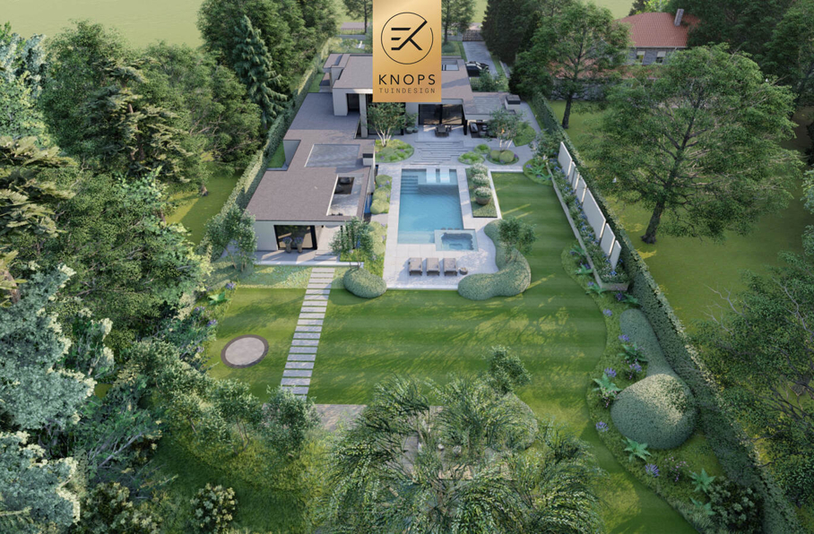sfeertuinen zwembad meerstammige bomen tuin verlichting avond witte polyester bakken knops tuindesign tuinarchitect overkapping wellness luxe buitenhaard vlonder