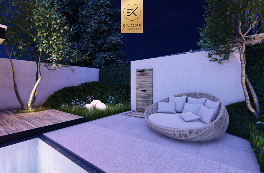 villatuin ontworpen door tuinarchitect erik knops tuindesign compleet met zwembad douche zitkuil rieten kap steeneiken exclusieve verlichting buitenhaard wellnesstuin 