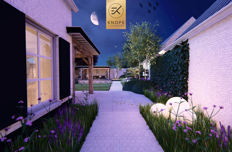 villatuin ontworpen door tuinarchitect erik knops tuindesign compleet met zwembad douche zitkuil rieten kap steeneiken exclusieve verlichting buitenhaard wellnesstuin 