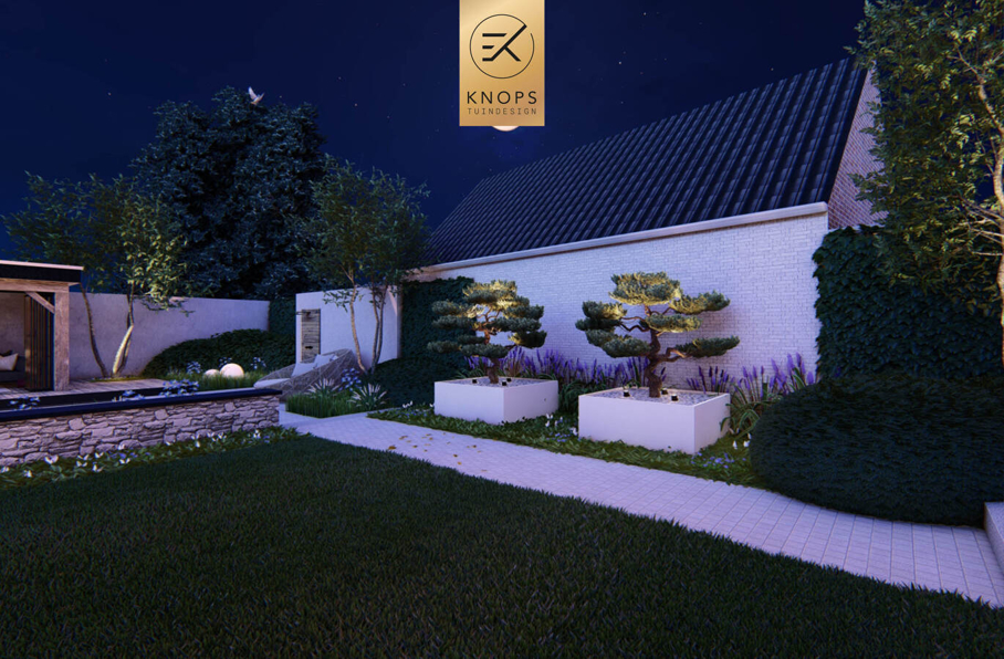 sfeertuinen zwembad meerstammige bomen tuin verlichting avond witte polyester bakken knops tuindesign tuinarchitect overkapping wellness luxe buitenhaard vlonder