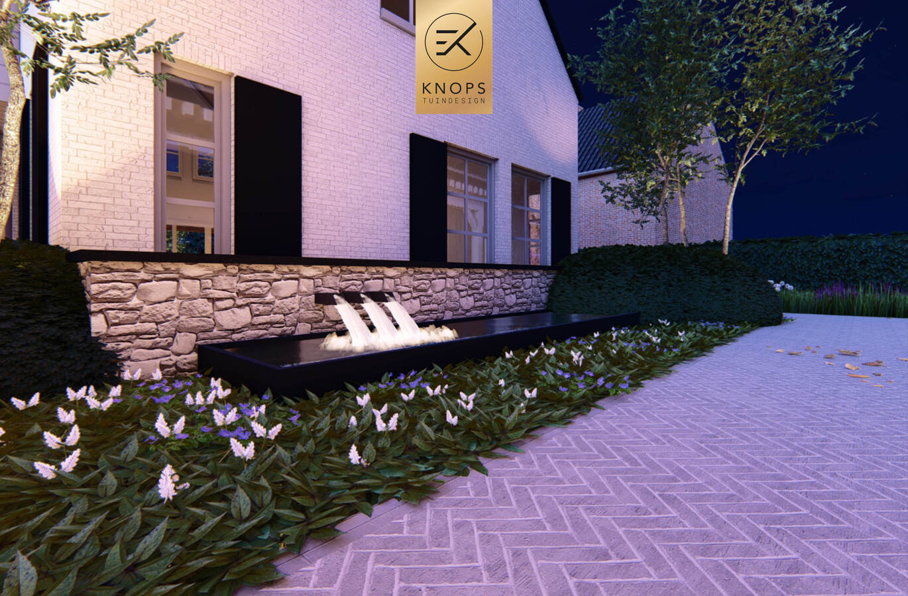 sfeertuinen zwembad meerstammige bomen tuin verlichting avond witte polyester bakken knops tuindesign tuinarchitect overkapping wellness luxe buitenhaard vlonder