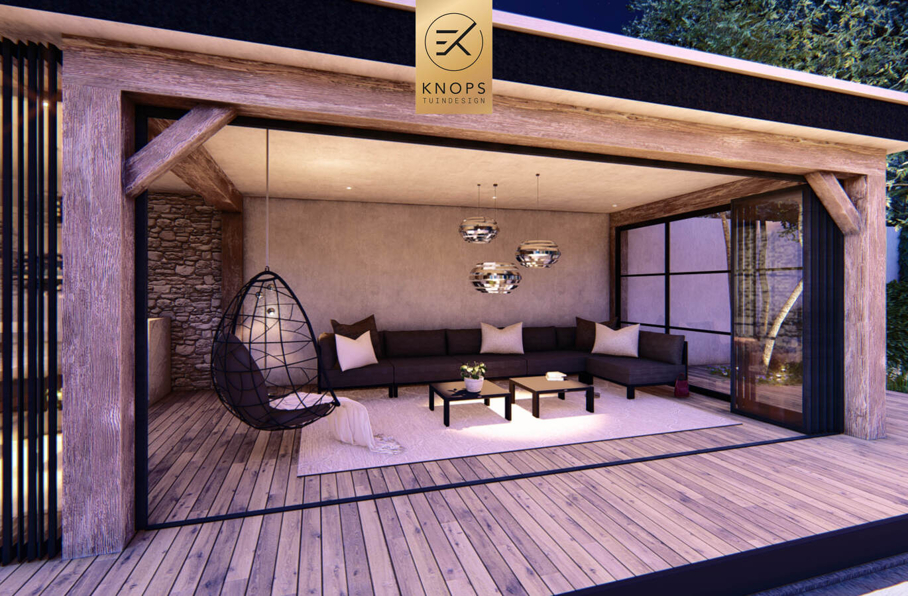 sfeertuinen zwembad meerstammige bomen tuin verlichting avond witte polyester bakken knops tuindesign tuinarchitect overkapping wellness luxe buitenhaard vlonder