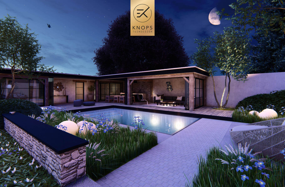 sfeertuinen zwembad meerstammige bomen tuin verlichting avond witte polyester bakken knops tuindesign tuinarchitect overkapping wellness luxe buitenhaard vlonder
