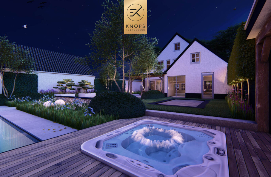villatuin ontworpen door tuinarchitect erik knops tuindesign compleet met zwembad douche zitkuil rieten kap steeneiken exclusieve verlichting buitenhaard wellnesstuin 