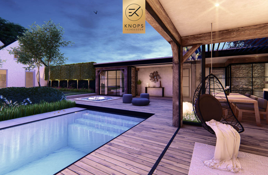 villatuin ontworpen door tuinarchitect erik knops tuindesign compleet met zwembad douche zitkuil rieten kap steeneiken exclusieve verlichting buitenhaard wellnesstuin 
