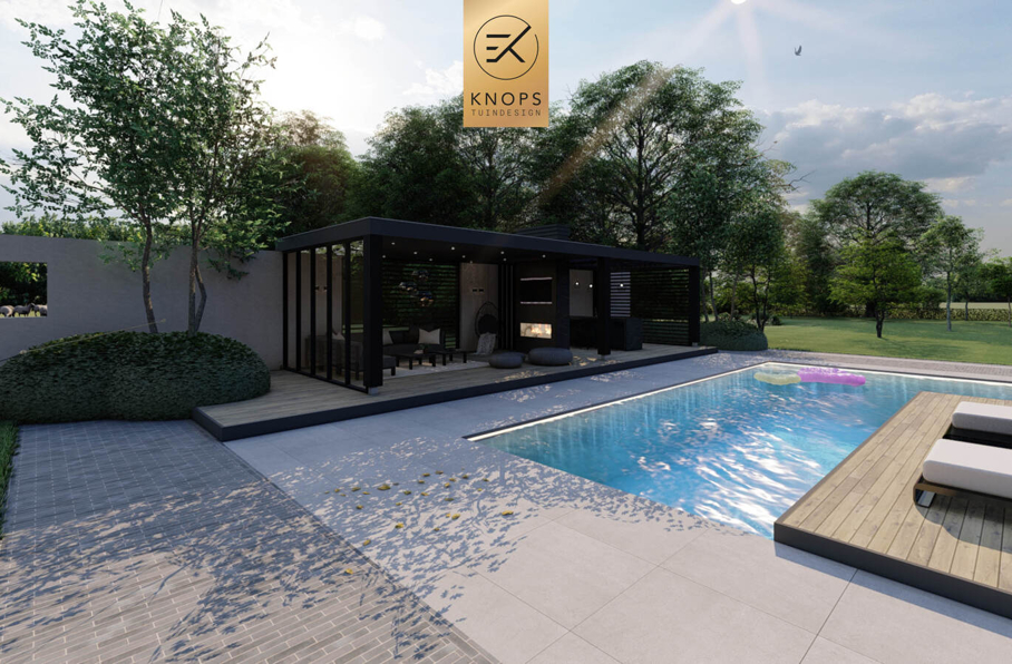 sfeertuinen zwembad meerstammige bomen tuin verlichting avond witte polyester bakken knops tuindesign tuinarchitect overkapping wellness luxe buitenhaard vlonder