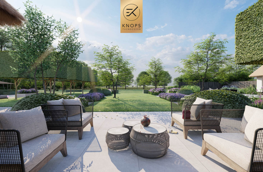 sfeertuinen zwembad meerstammige bomen tuin verlichting avond witte polyester bakken knops tuindesign tuinarchitect overkapping wellness luxe buitenhaard vlonder