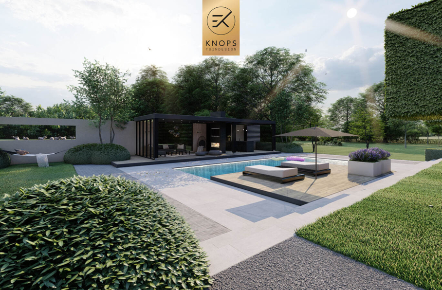 villatuin ontworpen door tuinarchitect erik knops tuindesign compleet met zwembad douche zitkuil rieten kap steeneiken exclusieve verlichting buitenhaard wellnesstuin 