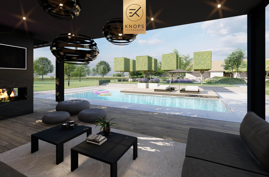 villatuin ontworpen door tuinarchitect erik knops tuindesign compleet met zwembad douche zitkuil rieten kap steeneiken exclusieve verlichting buitenhaard wellnesstuin 