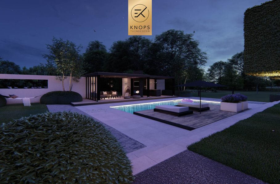 sfeertuinen zwembad meerstammige bomen tuin verlichting avond witte polyester bakken knops tuindesign tuinarchitect overkapping wellness luxe buitenhaard vlonder