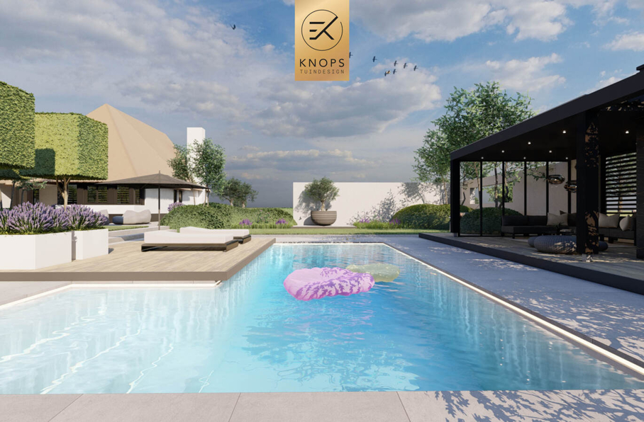 sfeertuinen zwembad meerstammige bomen tuin verlichting avond witte polyester bakken knops tuindesign tuinarchitect overkapping wellness luxe buitenhaard vlonder