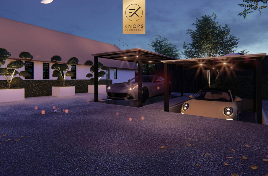sfeertuinen zwembad meerstammige bomen tuin verlichting avond witte polyester bakken knops tuindesign tuinarchitect overkapping wellness luxe buitenhaard vlonder