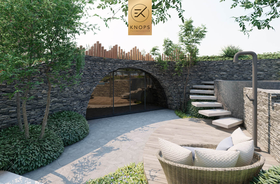 Villatuin zwemparadijs overloopzwembad bijzonder zwembad mozaiek keramiek sedumdak beschut poolhouse buitenleven buitenhaard vlonder tuinontwerp luxe designtuin hoog design wellnesstuin meerstammige bomen luxe erik knops tuindesign