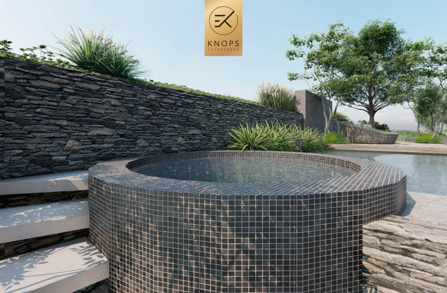 Villatuin zwemparadijs overloopzwembad bijzonder zwembad mozaiek keramiek sedumdak beschut poolhouse buitenleven buitenhaard vlonder tuinontwerp luxe designtuin hoog design wellnesstuin meerstammige bomen luxe erik knops tuindesign