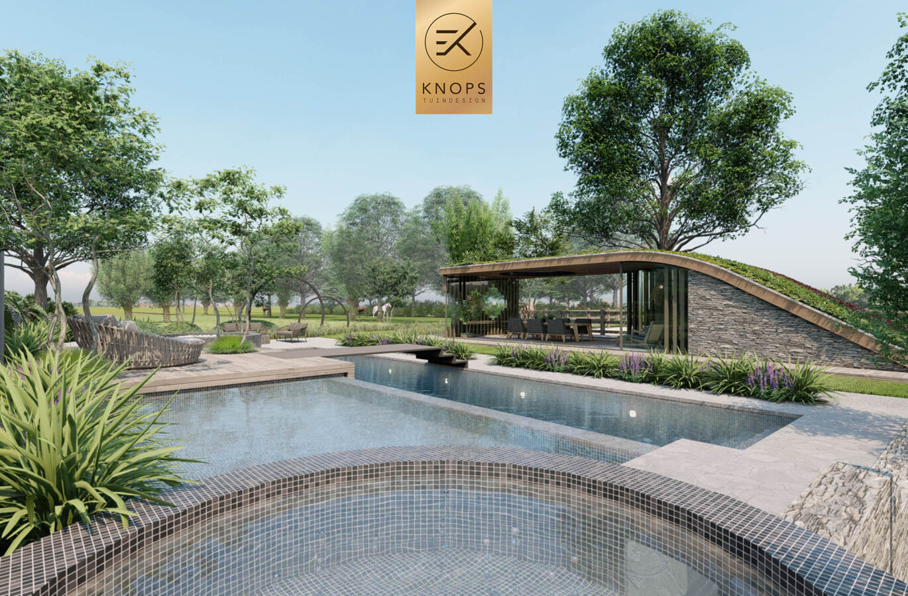 Villatuin zwemparadijs overloopzwembad bijzonder zwembad mozaiek keramiek sedumdak beschut poolhouse buitenleven buitenhaard vlonder tuinontwerp luxe designtuin hoog design wellnesstuin meerstammige bomen luxe erik knops tuindesign
