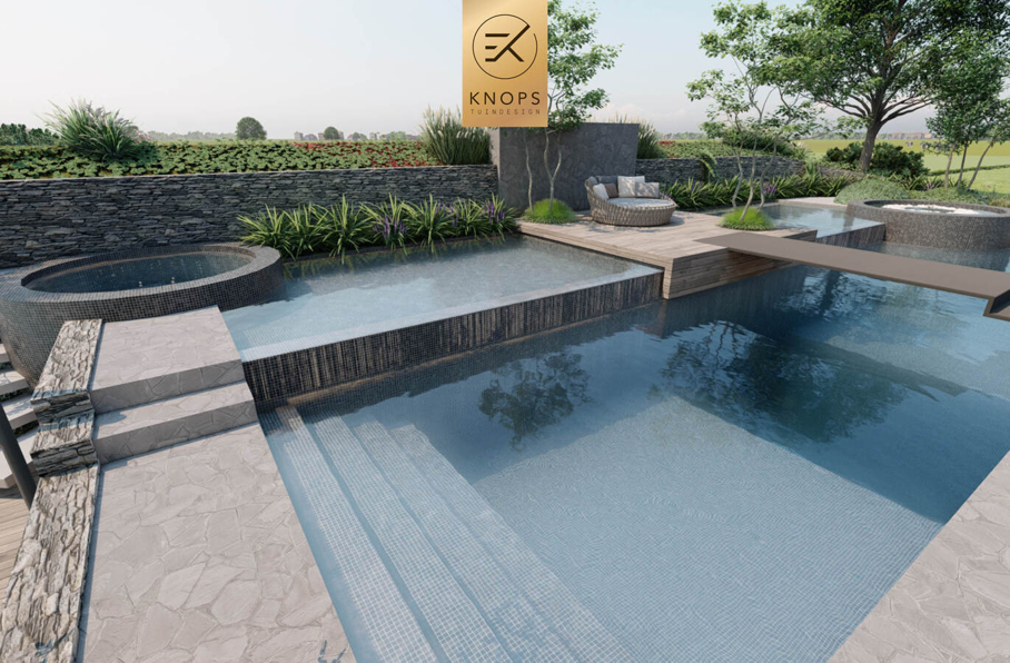 Villatuin zwemparadijs overloopzwembad bijzonder zwembad mozaiek keramiek sedumdak beschut poolhouse buitenleven buitenhaard vlonder tuinontwerp luxe designtuin hoog design wellnesstuin meerstammige bomen luxe erik knops tuindesign