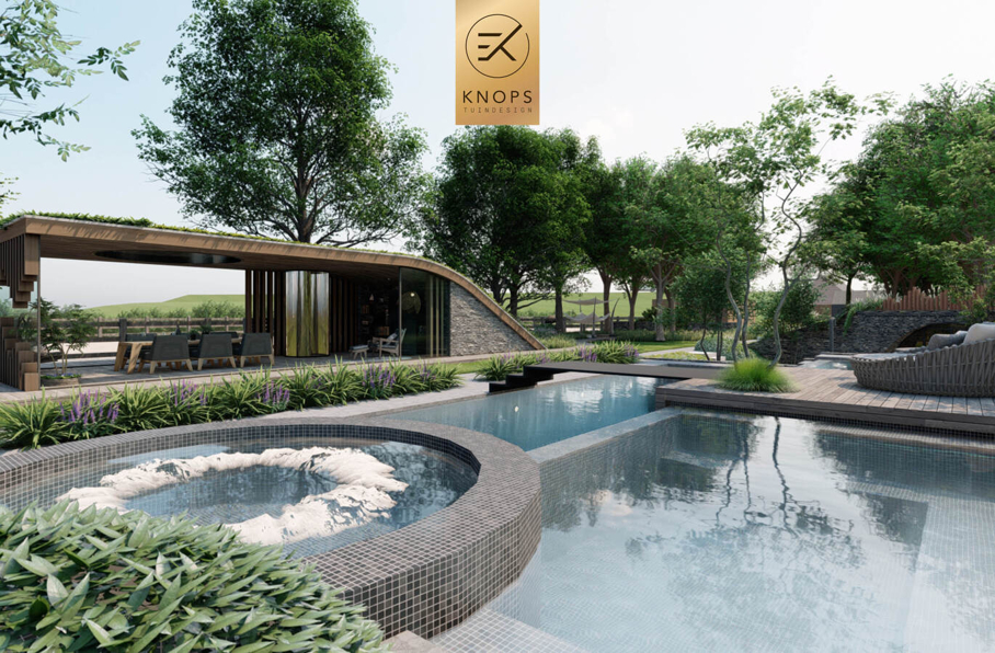 Villatuin zwemparadijs overloopzwembad bijzonder zwembad mozaiek keramiek sedumdak beschut poolhouse buitenleven buitenhaard vlonder tuinontwerp luxe designtuin hoog design wellnesstuin meerstammige bomen luxe erik knops tuindesign
