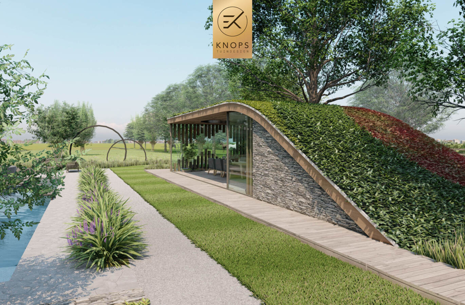 Villatuin zwemparadijs overloopzwembad bijzonder zwembad mozaiek keramiek sedumdak beschut poolhouse buitenleven buitenhaard vlonder tuinontwerp luxe designtuin hoog design wellnesstuin meerstammige bomen luxe erik knops tuindesign