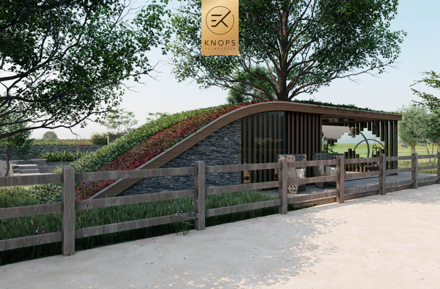 Villatuin zwemparadijs overloopzwembad bijzonder zwembad mozaiek keramiek sedumdak beschut poolhouse buitenleven buitenhaard vlonder tuinontwerp luxe designtuin hoog design wellnesstuin meerstammige bomen luxe erik knops tuindesign