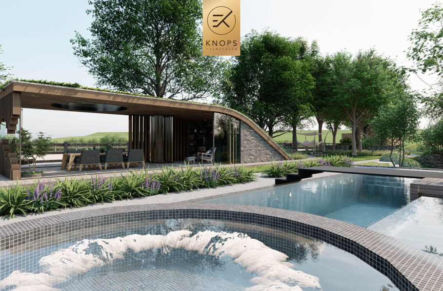 Villatuin zwemparadijs overloopzwembad bijzonder zwembad mozaiek keramiek sedumdak beschut poolhouse buitenleven buitenhaard vlonder tuinontwerp luxe designtuin hoog design wellnesstuin meerstammige bomen luxe erik knops tuindesign