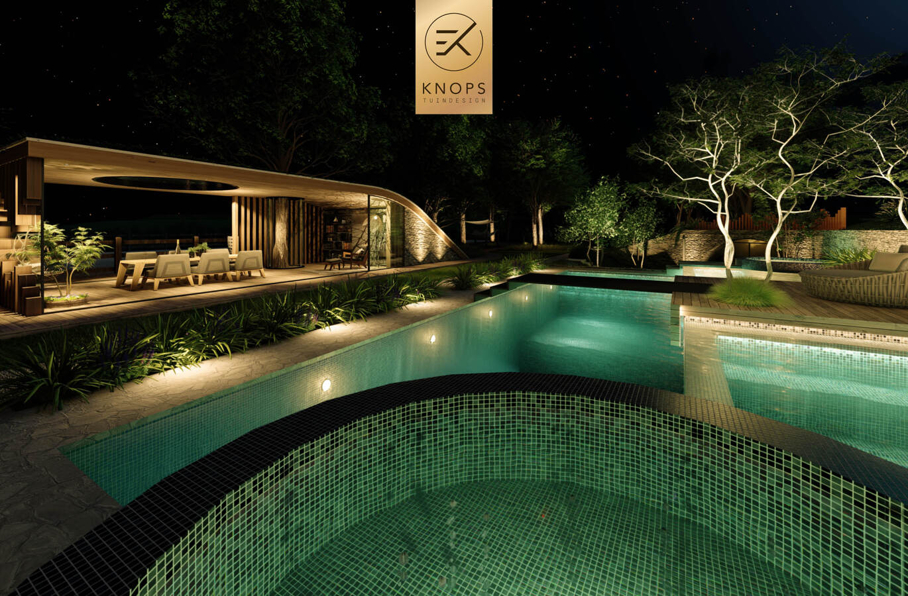 Villatuin zwemparadijs overloopzwembad bijzonder zwembad mozaiek keramiek sedumdak beschut poolhouse buitenleven buitenhaard vlonder tuinontwerp luxe designtuin hoog design wellnesstuin meerstammige bomen luxe erik knops tuindesign